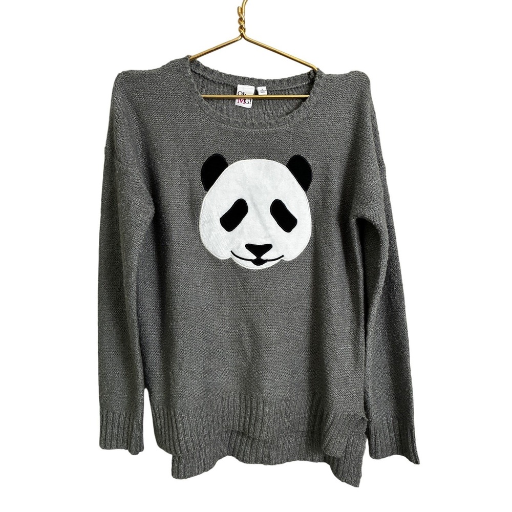 Oh MG Panda Sweater Women L Gray Marled Knit Pullover Animal Patch Cute Face